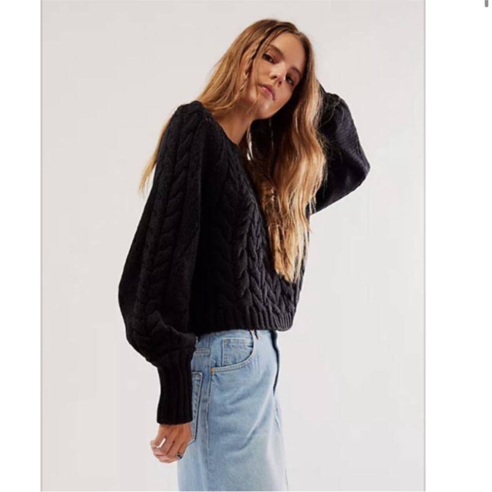 Free People Sandre Black Cable Knit Sweater